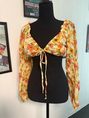 wild fable Floral Tie-Front Long Sleeve Crop Top - Cream, Orange & Yellow